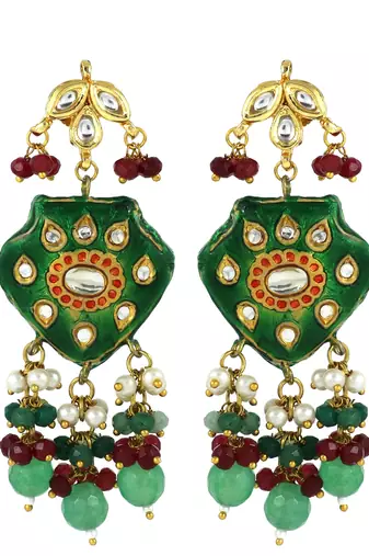 Green Enameled Green Onyx Ruby Polki Earrings Traditional Jewelry