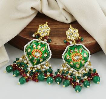 Green Meenakari Emerald Ruby Pearl Polki Earrings For Her 1