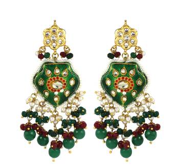 Green Meenakari Emerald Ruby Pearl Polki Earrings For Her 2