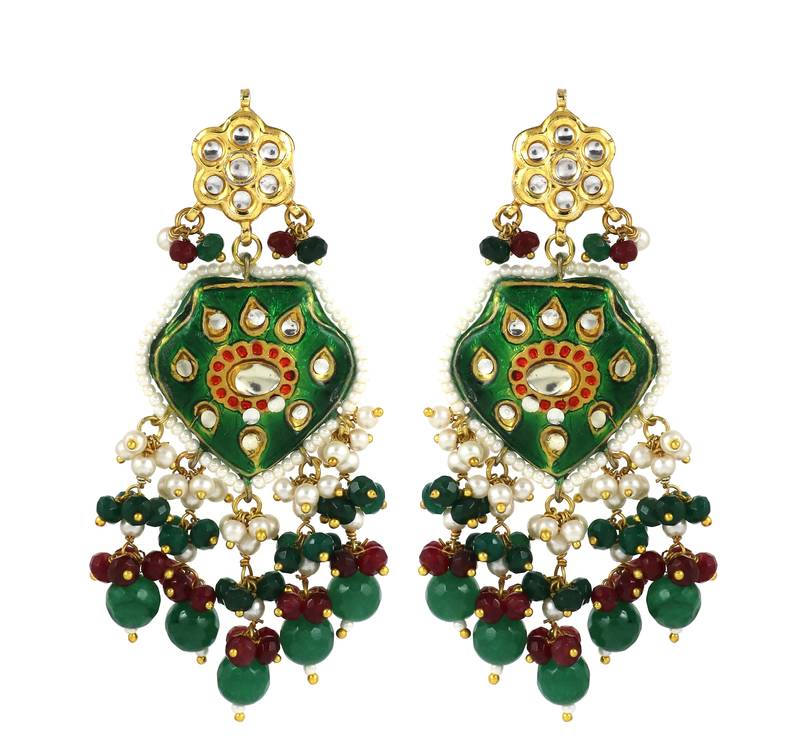 Green Meenakari Emerald Ruby Pearl Polki Earrings For Her