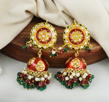 Red Enameled Ruby Green Onyx Pearl Jhumka Earrings Wedding Jewelry 1