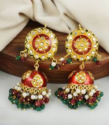 Red Enameled Ruby Green Onyx Pearl Jhumka Earrings Wedding Jewelry