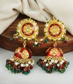 Red Enameled Ruby Green Onyx Pearl Jhumka Earrings Wedding Jewelry