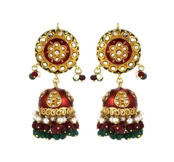 Red Enameled Ruby Green Onyx Pearl Jhumka Earrings Wedding Jewelry 2