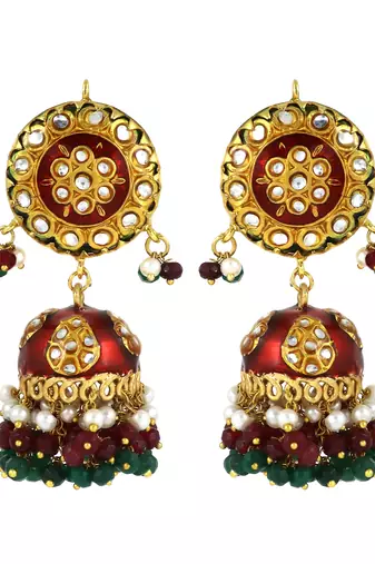 Red Enameled Ruby Green Onyx Pearl Jhumka Earrings Wedding Jewelry