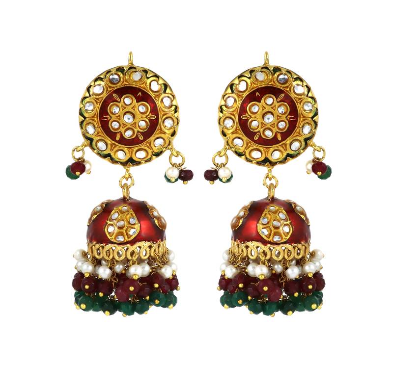 Red Enameled Ruby Green Onyx Pearl Jhumka Earrings Wedding Jewelry