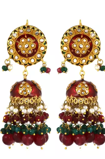 Red Meena Ruby Green Onyx Jhumka Earrings Traditional Jewelry