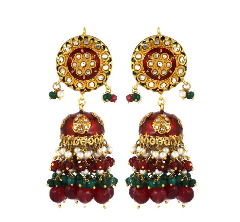 Red Meena Ruby Green Onyx Jhumka Earrings Traditional Jewelry