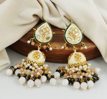 Handmade Enameled Rose Quartz Jhumka Earrings Jewelry 1