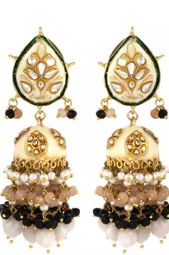 Handmade Enameled Rose Quartz Jhumka Earrings Jewelry