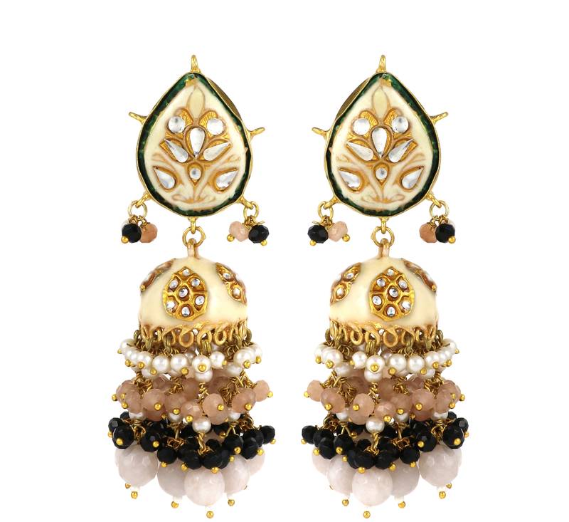 Handmade Enameled Rose Quartz Jhumka Earrings Jewelry