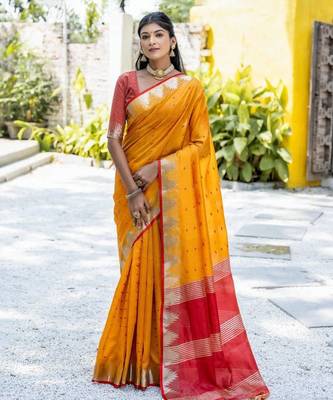 Sunlit glow yellow cotton-silk saree 1