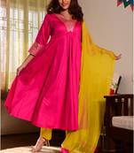 Three piece suit with gotta-patti work on neck paired with trouser and chiffon dupatta