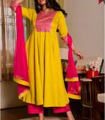 Three piece suit with gotta-patti work on neck with contrast patch paired with trouser and chiffon dupatta