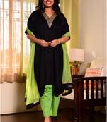 Three piece kaftan style suit with gotta-patti work on neck paired with trouser and chiffon dupatta