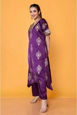 Two piece plum colored hand block print suit with sequence work paired with trouser 2