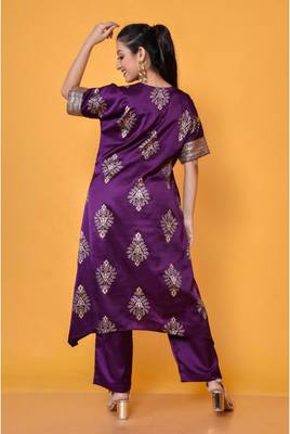 Two piece plum colored hand block print suit with sequence work paired with trouser 4