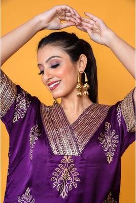 Two piece plum colored hand block print suit with sequence work paired with trouser 5