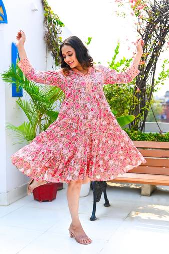 One piece peach colored flared jaipuri print v-neck cotton dress