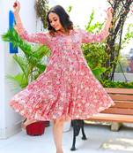 One piece peach colored flared jaipuri print v-neck cotton dress