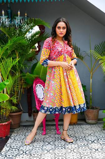 One piece yoke styled amber colored jaipuri hand block print styish panel dress