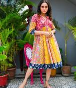 One piece yoke styled amber colored jaipuri hand block print styish panel dress