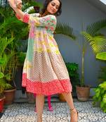 One piece blue colored jaipuri hand block print flared dress