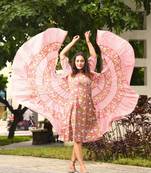 Two piece pink colored jaipuri hand block print sleeveless dress with a flared tie up jacket