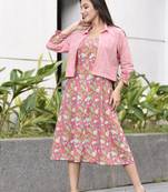 Two piece pink colored jaipuri hand block print sleeveless dress with a short shirt style jakcet