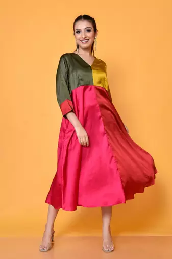 One piece color blocking satin finish yoke cut semi flared dress