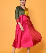 One piece color blocking satin finish yoke cut semi flared dress