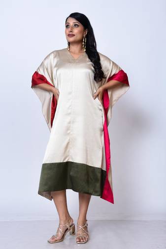 One piece color blocking satin finish stylish kaftan dress