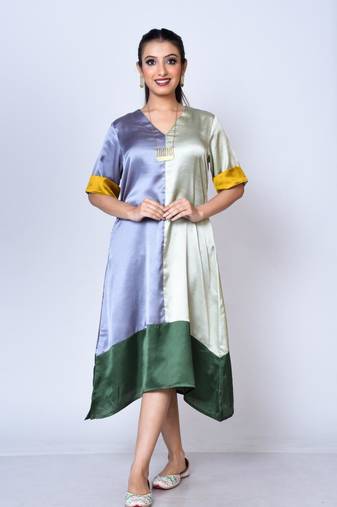 One piece color blocking satin look stylish dress