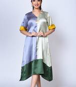 One piece color blocking satin look stylish dress
