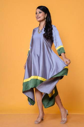 Asymmetrical color blocking satin finish stlylish dress