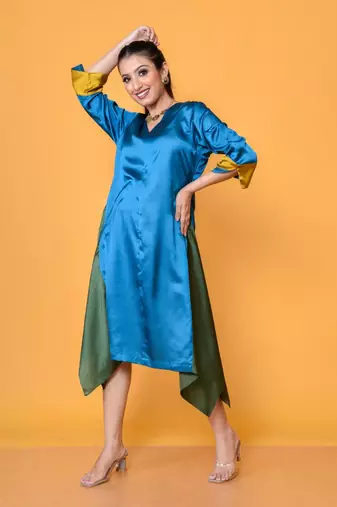 Asymmetrical color blocking satin finish stlylish dress