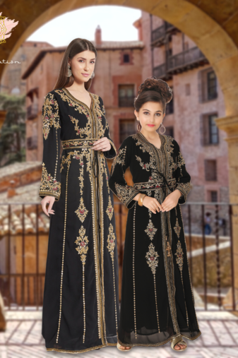 Moroccan Takchita Caftan Partywear Black Gown Mother + Daughter Combo Set