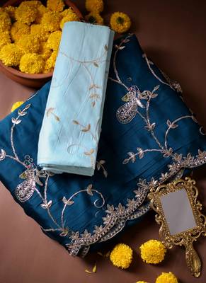 Blue embroidered satin saree 1