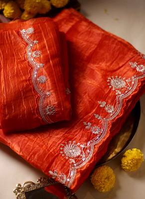 Orange embroidered crused tissue saree 5