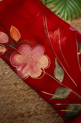 Red floral hand-painted chiffon saree