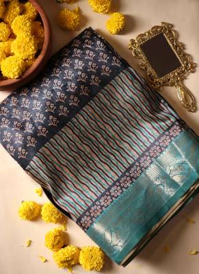 Floral print cotton silk saree with green border 7