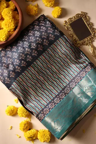 Floral print cotton silk saree with green border