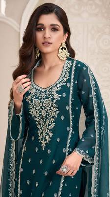 Teal green embroidered chiffon semi-salwar suit 2