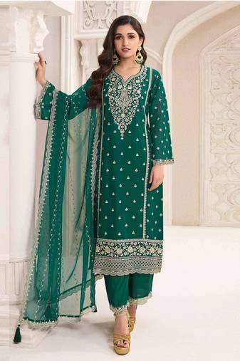 Green embroidered chiffon semi-salwar suit