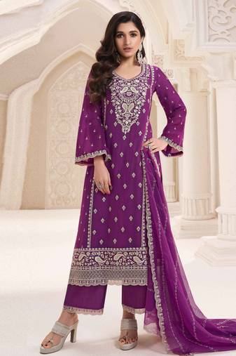 Purple embroidered chiffon semi-salwar suit