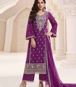 Purple embroidered chiffon semi-salwar suit