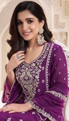 Purple embroidered chiffon semi-salwar suit 2