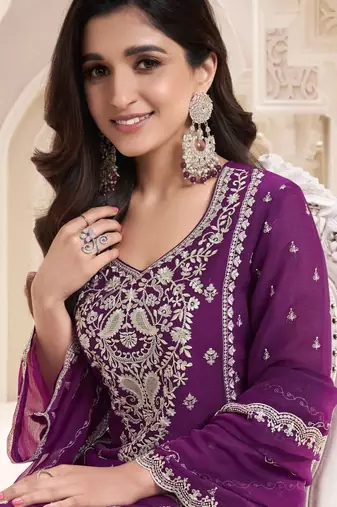 Purple embroidered chiffon semi-salwar suit