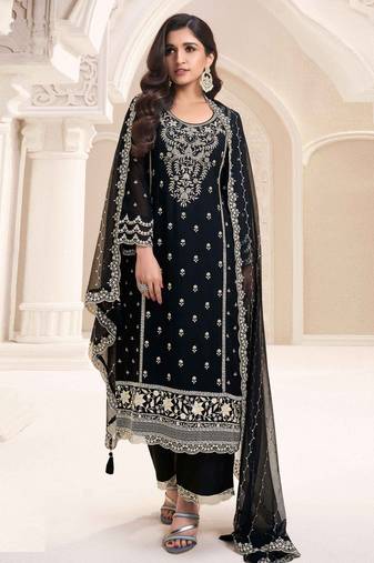 Black embroidered chiffon semi-salwar suit