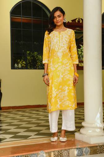 Yellow chikankari cotton kurta